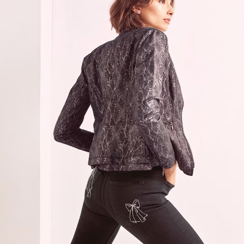 White House Black Market - FOILED DENIM PYTHON-PRINT PEPLUM JACKET